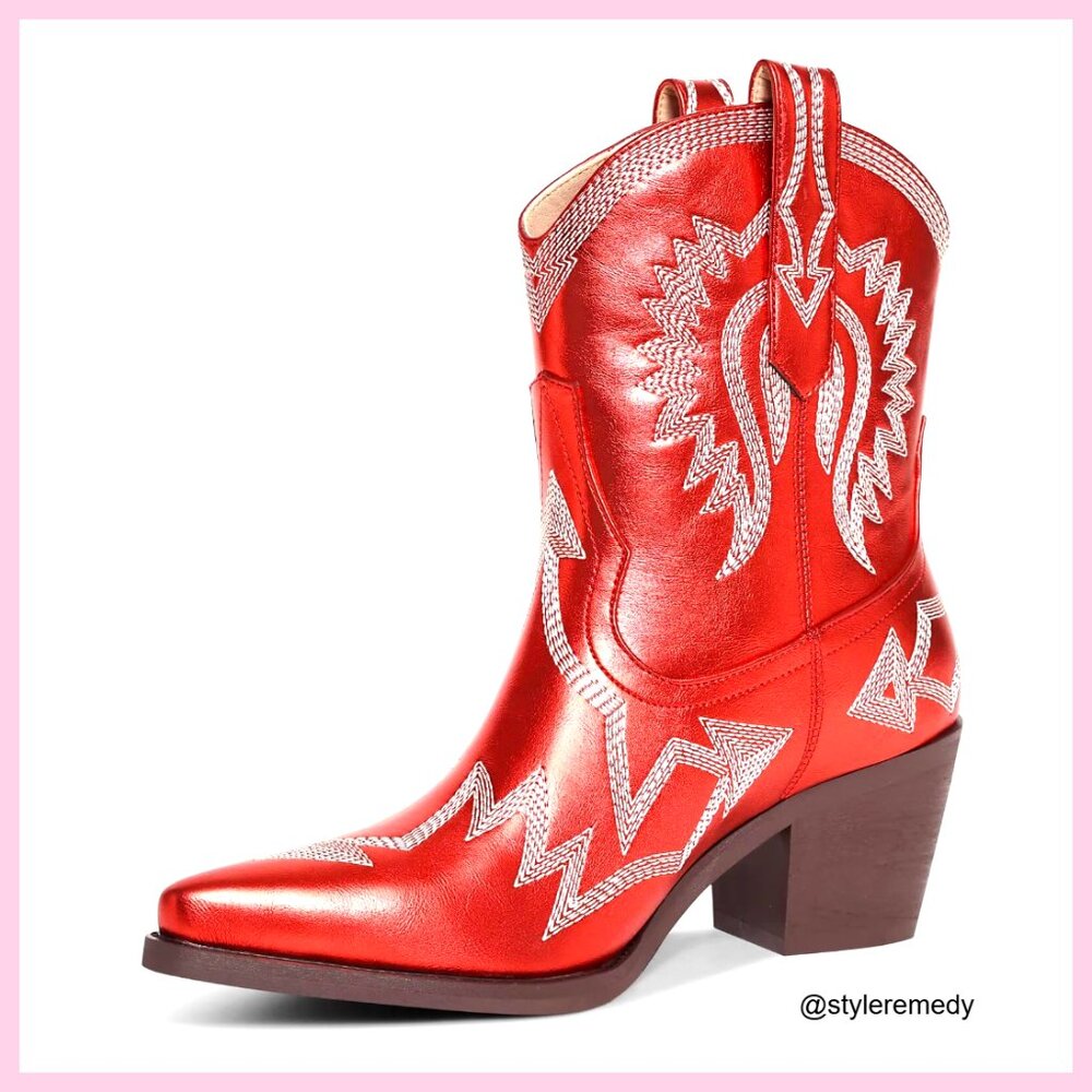 Women's Western Cowboy Boots Pointed Toe Chunky Heel Pull-On Ankle Boots